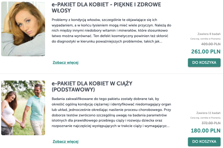 Przykładowe e-Pakiety badań. Źródło: diag.pl.