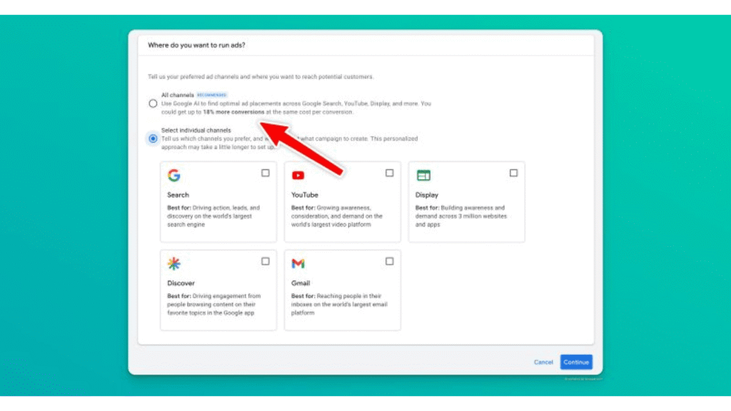 Nowy ekran wyboru kanałów w interfejsie Google Ads.